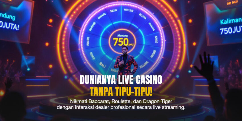 Host berdiri di tengah panggung besar dengan roda permainan digital berlampu neon dan penonton menyaksikan acara live betting interaktif.